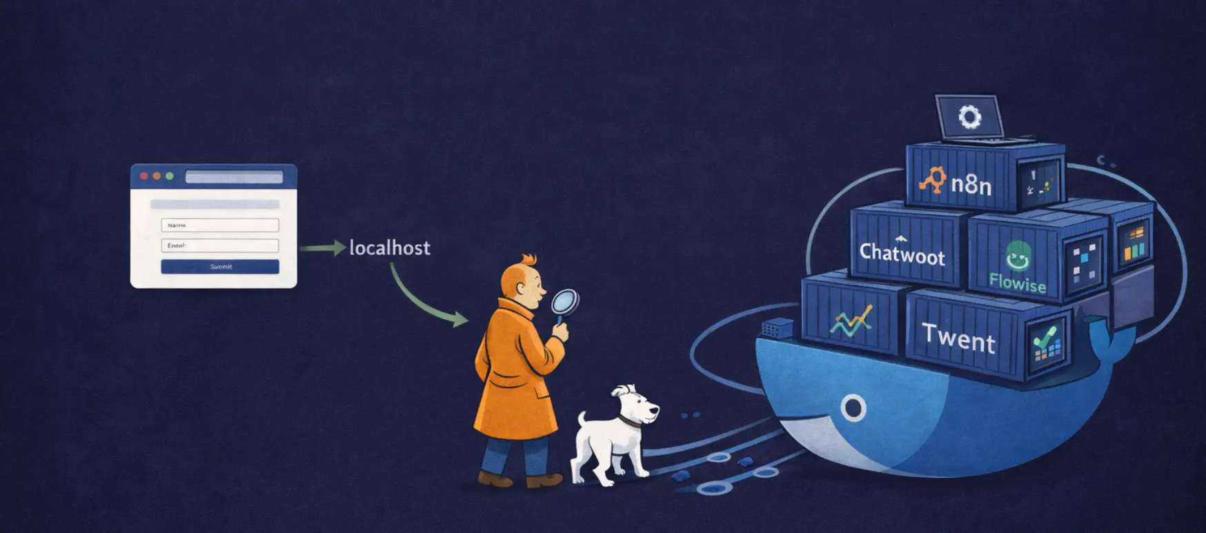 Illustration av Docker och containermiljö